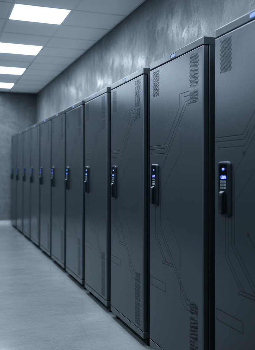 A row of modern, locked server cabinets, each featuring a digital security pad and steel reinforced doors with subtle etched patterns for added texture. The cabinets stand aligned against a concrete accent wall with a low-gloss finish, creating a sense of industrial strength and resilience. Cool, even LED panel lighting from above casts gentle reflections on the cabinet surfaces, highlighting their secure construction. The centered composition and shallow depth of field keep focus on the foremost cabinet, conveying a sense of trust and reliability. The image maintains strict, clean lines and a photographic realism tailored for a cybersecurity portfolio.